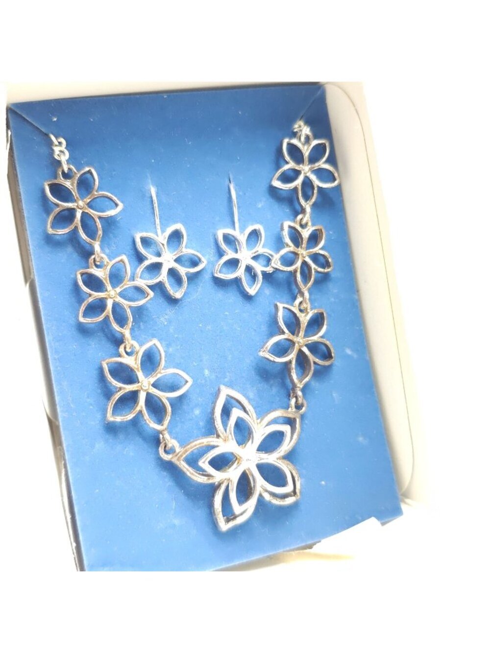 Open Petal Flower Necklace Earring Gift Set By Avon Silver Tone in Box 2006